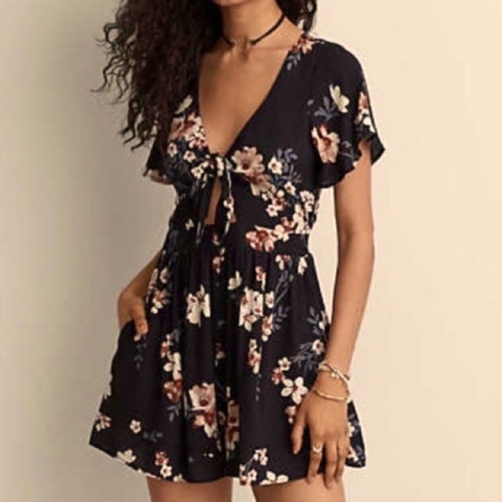 Black and Floral Romper with tie front